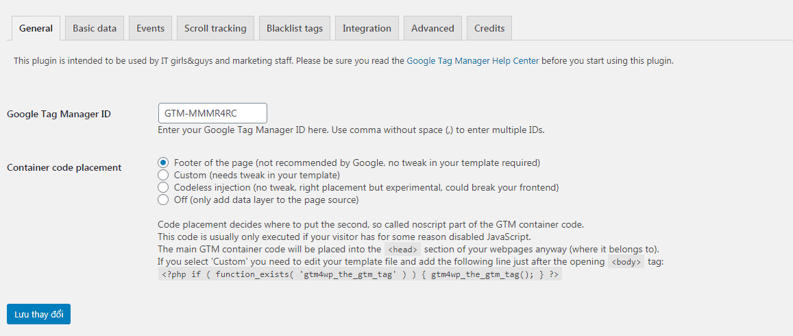 them id gtm cho plugin google tag manager for wordPress