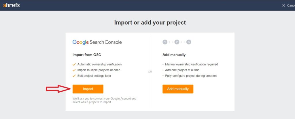 Import tại phần Google Search Console để nhập dữ liệu